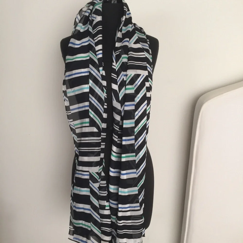 Large Sheer Scarf Calvin Klein Geometric Striped Print Blue Green White Black